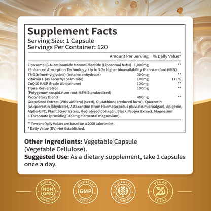 15-in-1 Liposomal NMN* Supplement, 2000mg Per Serving*, 99% Pure, NAD+ NMNH Alternative with Nicotinamide* Mononucleotide, Resveratrol, TMG*, CoQ10, Quercetin* (1 Bottles, 120 Capsule)
