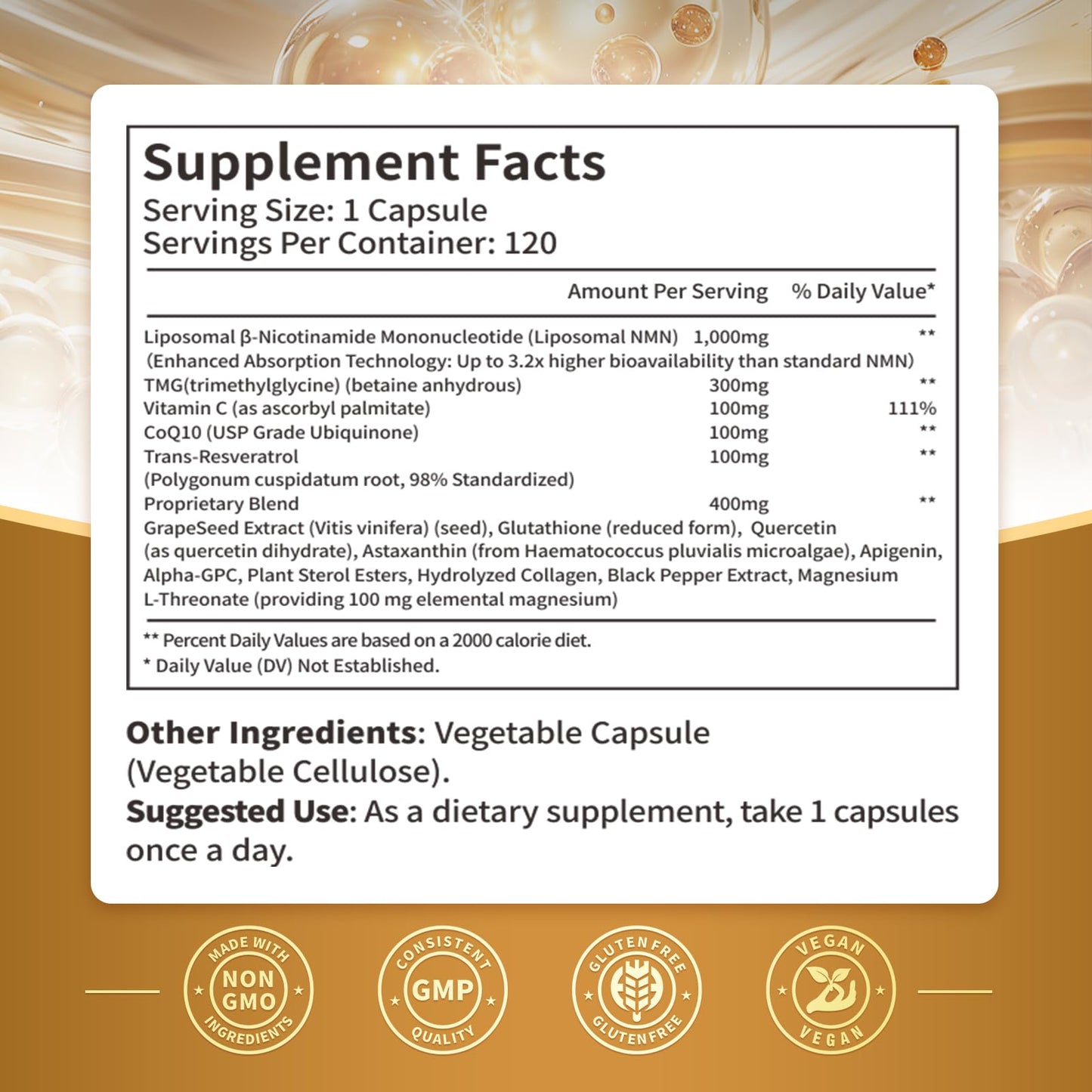 15-in-1 Liposomal NMN Supplement, 2000mg per* Serving*, 120 Day Supply, 99% Pure, NAD+ NMNH Alternative with Nicotinamide Mononucleotide, Resveratrol, TMG, CoQ10, Quercetin & Glutathione, 120 Capsules