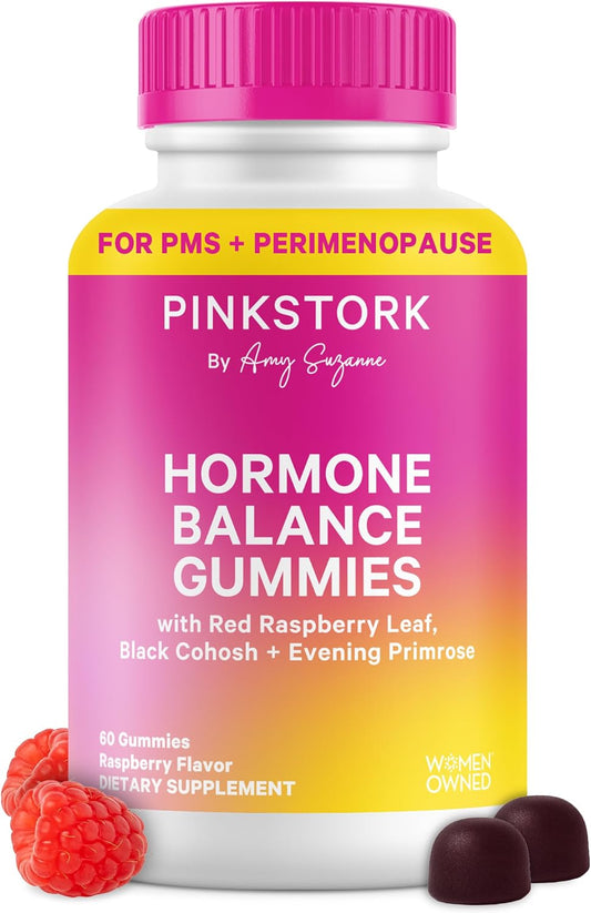 Pink Stork Hormone Balance Gummies for Women, 60 Vegan Gummies | PMS, Menopause & Perimenopause Support, Mood, Digestion, Temperature Comfort + Energy, Red Raspberry Leaf, Black Cohosh