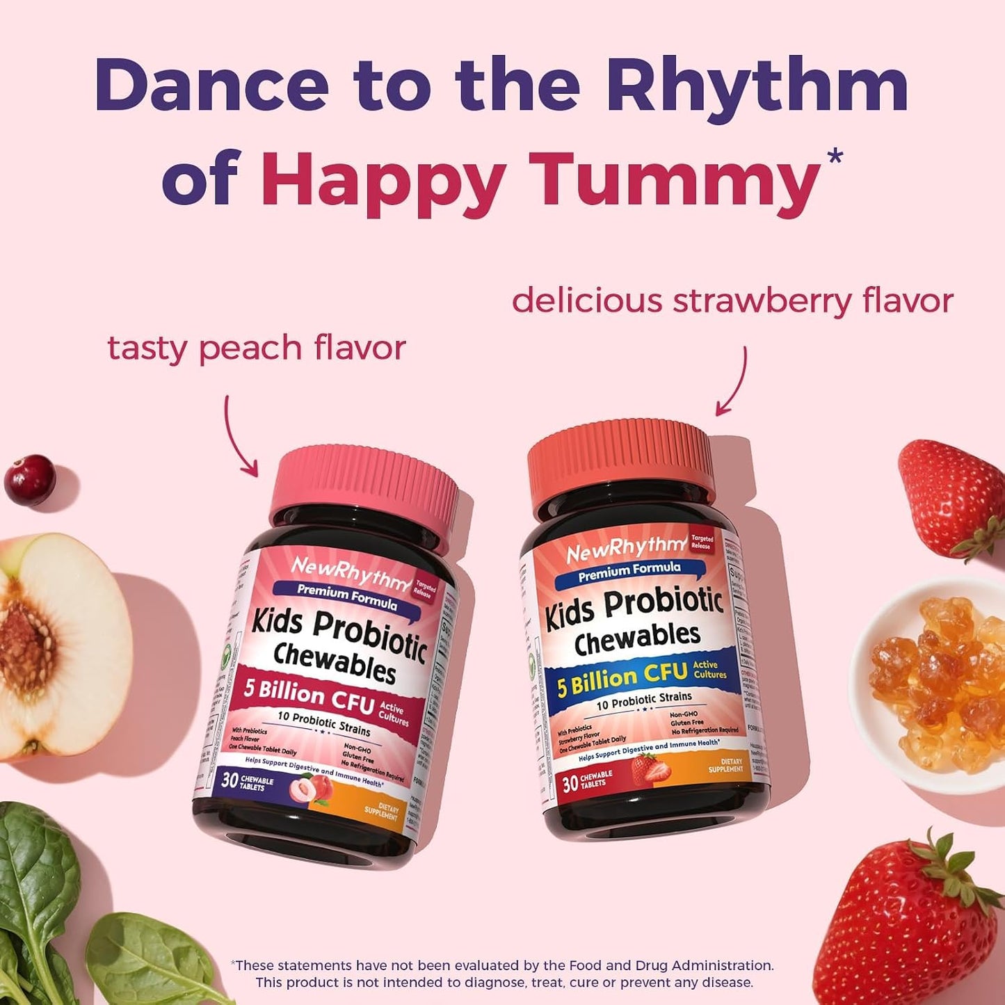 NewRhythm Kids Probiotic Chewables, 5 Billion CFU 10 Strains, with Prebiotic Fiber Inulin & Organic Acacia for Age 3+, Natural Peach Flavored, for Digestive & Immune Support, 30 Chewable Tablets