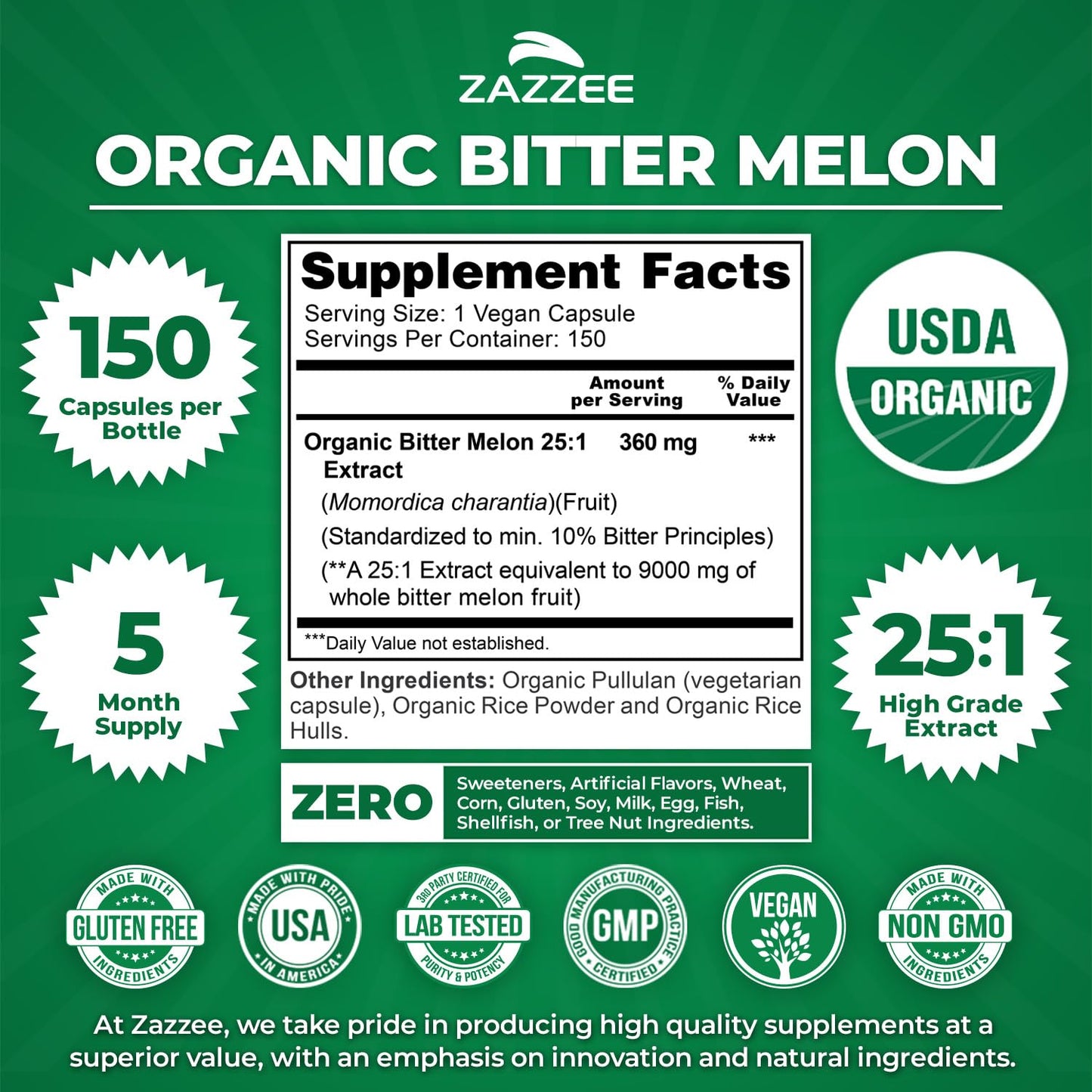 Zazzee USDA Organic Bitter Melon 25:1 Extract, 10% Bitter Principles, 150 Vegan Capsules, 5 Month Supply, Extra Strength, Momordica Charantia, Antioxidant & Metabolic Support, Non-GMO, Made in the USA
