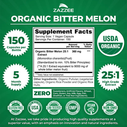 Zazzee USDA Organic Bitter Melon 25:1 Extract, 10% Bitter Principles, 150 Vegan Capsules, 5 Month Supply, Extra Strength, Momordica Charantia, Antioxidant & Metabolic Support, Non-GMO, Made in the USA
