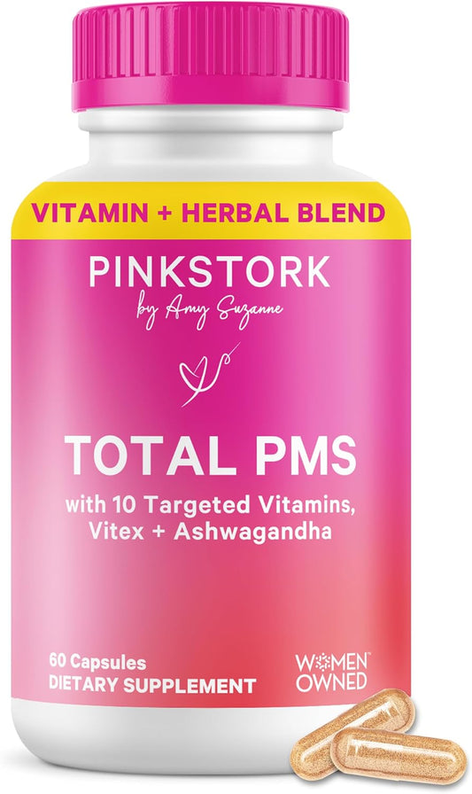 Pink Stork PMS Supplement for Women - Vitex, Ashwagandha, Maca Root & 10 Vitamins & Minerals to Support Hormone Balance, Mood, Bloating, Period Regularity - 60 Capsules