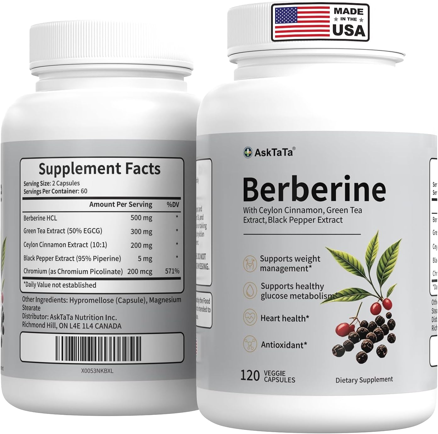 Berberine Complex Supplement with Ceylon Cinnamon,L-Carnitine,Green Tea Extract,Chromium & Black Pepper Extract,Natural Herbal Complex,120 Capsules