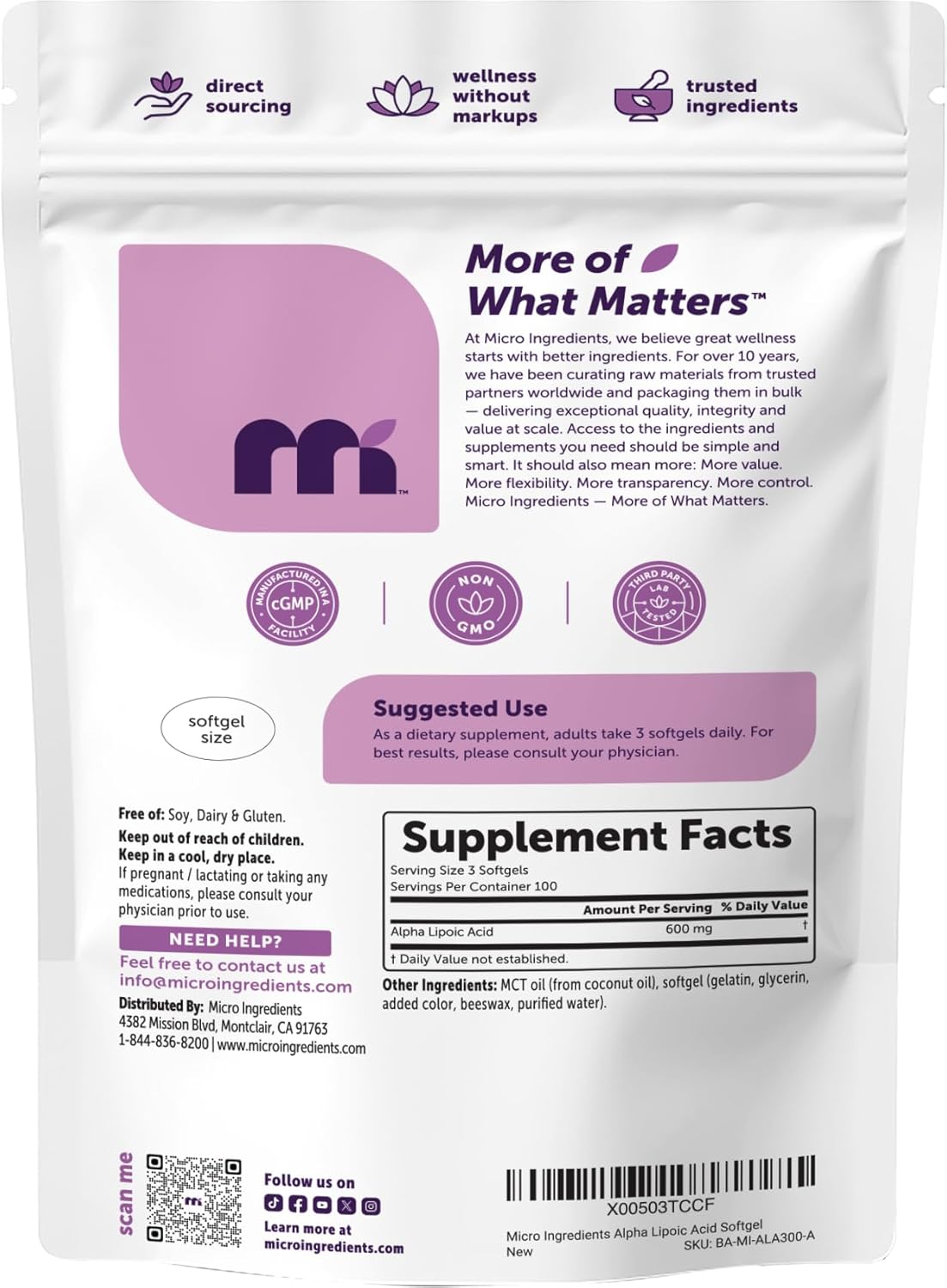 Micro Ingredients Alpha Lipoic Acid 600mg Per Serving, 300 Softgels | ALA Supplement | Made with MCT Oil| Non-GMO, Gluten-Free, Soy-Free