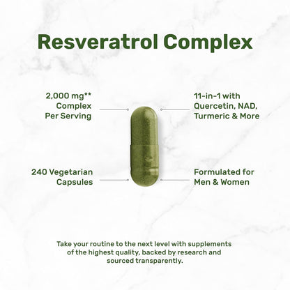 DEAL SUPPLEMENT Resveratrol Complex, 240 Veggie Capsules – Trans-Resveratrol Supplement with NAD, Quercetin, Turmeric, CoQ10, & More | Non-GMO, Gluten Free