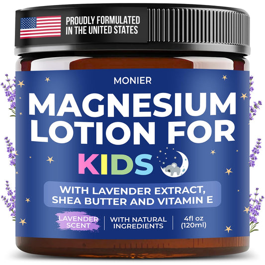 MONIER Magnesium Lotion for Kids - Relaxing Magnesium Cream with Lavender | with Lavender, Shea Butter, Aloe Vera, 100% Natural Ingredients (4 Oz, Unscented)