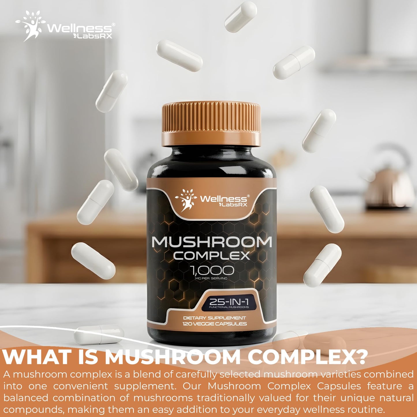 WELLNESS LABSRX Mushroom Supplement Capsules 10:1 Extract, Mushroom Complex Capsules 1000mg, Lions Mane Supplement with Turkey Tail, Cordyceps, Reishi - 120 Count