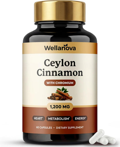 Ceylon Cinnamon Capsules Supplement with Chromium - 1,200 mg True Cinnamomum Verum, Chromium Picolinate 200 mcg - Heart, Metabolism & Energy Support - 60 Vegan Capsules