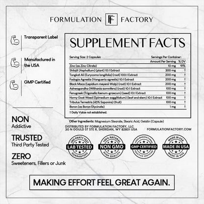 Formulation Factory Self Obsessed 10-in-1 Natural Testosterone Booster for Men, Testosterone Supplement for Men with Shilajit, Tongkat Ali, Fadogia Agrestis, 120 Capsules, 2 Month Supply