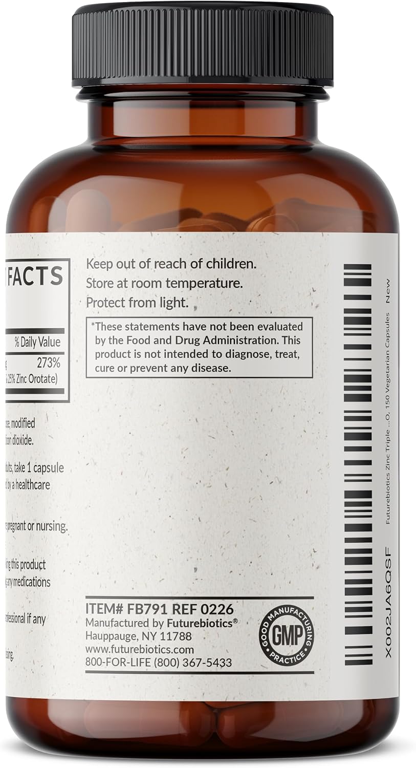 Futurebiotics Zinc Triple Action 30mg Key Nutrient Blend Immune Support Supplement with Zinc Acetate, Picolinate & Orotate - Immune, Antioxidant & Skin Health Support - 150 Vegetarian Capsules