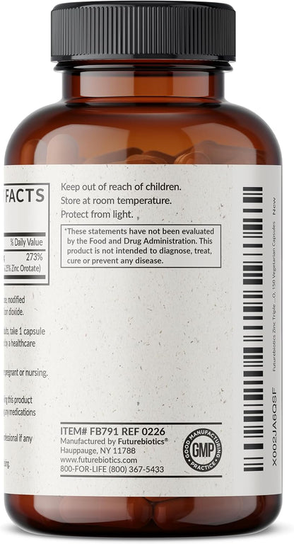 Futurebiotics Zinc Triple Action 30mg Key Nutrient Blend Immune Support Supplement with Zinc Acetate, Picolinate & Orotate - Immune, Antioxidant & Skin Health Support - 150 Vegetarian Capsules