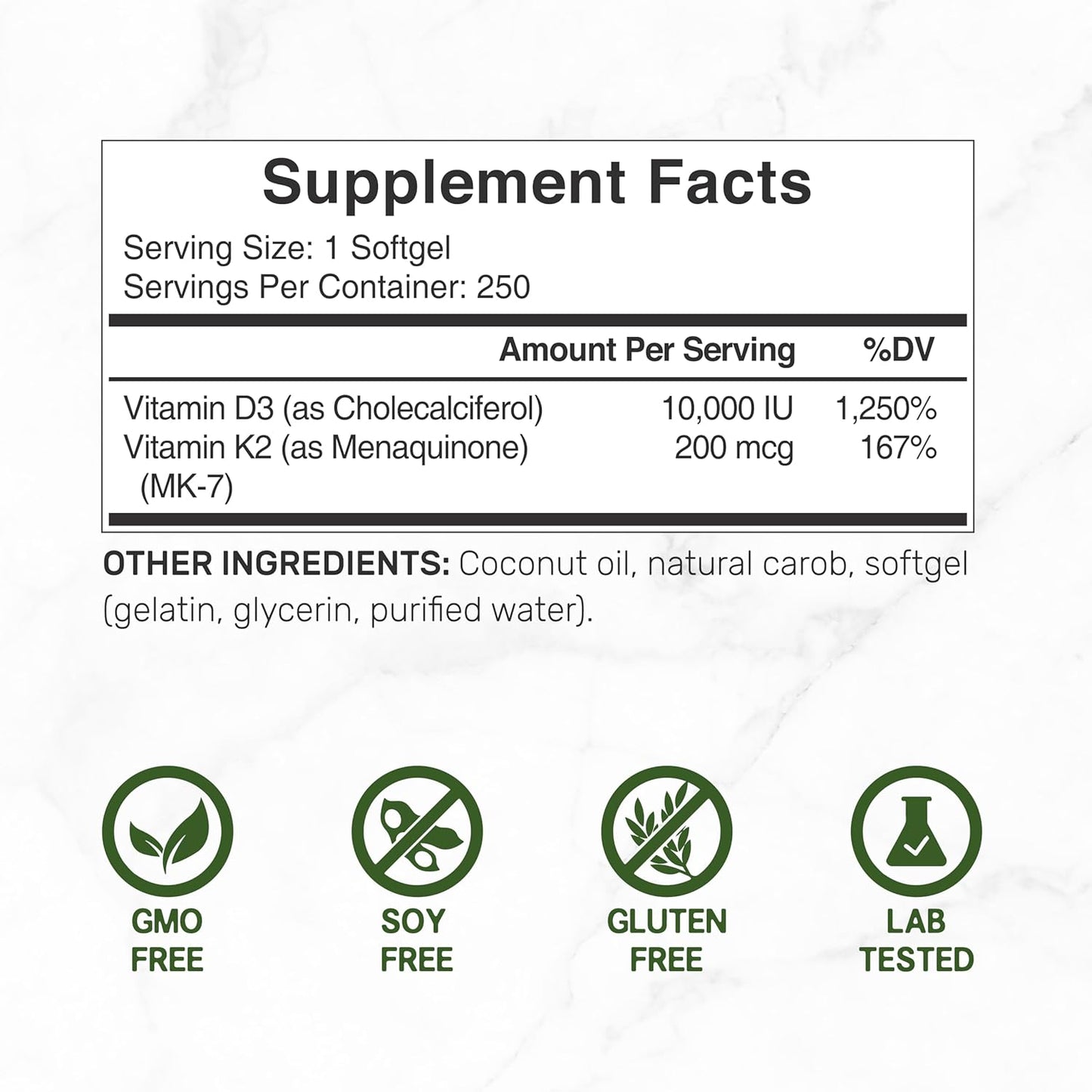 DEAL SUPPLEMENT Vitamin D3 10,000 IU + K2 MK7 200mcg Softgels, 250 Count | 2-in-1 Complex with Virgin Coconut Oil | Easy to Swallow
