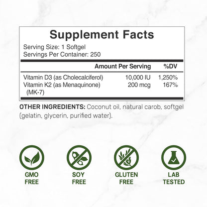 DEAL SUPPLEMENT Vitamin D3 10,000 IU + K2 MK7 200mcg Softgels, 250 Count | 2-in-1 Complex with Virgin Coconut Oil | Easy to Swallow