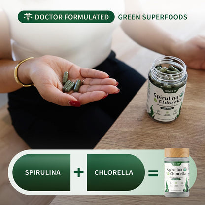 Snap Supplements USDA Organic Spirulina and Chlorella, 120 Vegan Capsules | Certified Organic Protein Rich Blue Green Algae Superfood Supplement for Energy and Immune Support, Non-GMO 30 Day-Supply