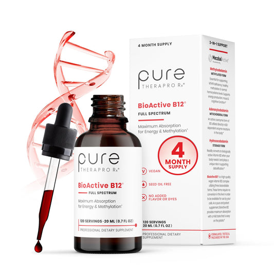 Pure Therapro Rx Vitamin B12 Supplement for Men & Women | Methylated Sublingual Liquid Methylcobalamin + 2 More Forms | 1,250 mcg B12 per Drop (4 Drops = 5,000mcg / 2 Month Supply) 10 ml