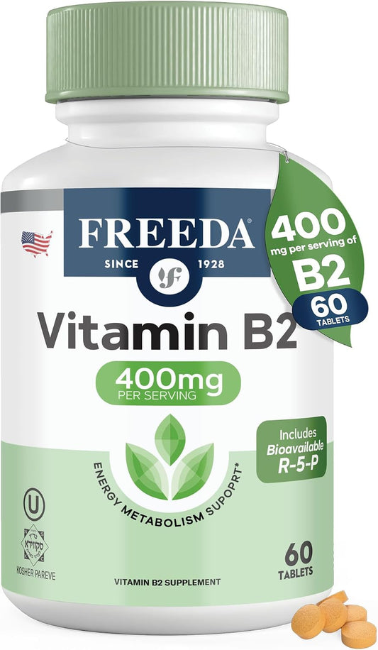 FREEDA Vitamin B2 400mg Riboflavin Supplement - 60 Vegan Tablets | High-Potency B2 Vitamin with Riboflavin-5-Phosphate to Support Energy, Metabolism, & Nervous System Health