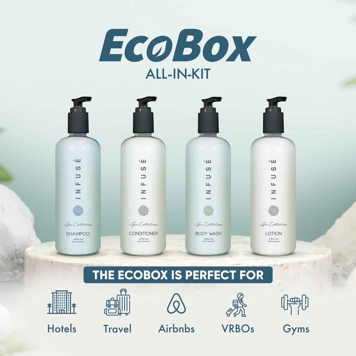 1-Shoppe Aquavera 40 Piece Ecobox All-In-Kit | White Tea and Coconut Soap | 12 Shampoo