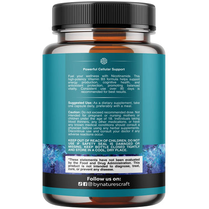 Vitamin B3 Niacinamide 500mg Capsules - Mitochondrial Energy and Potent Skin Supplement - Vitamin B3 Niacin Flush Free and Nicotinamide 500mg - Flush Free Niacin Supplement - 60 Count