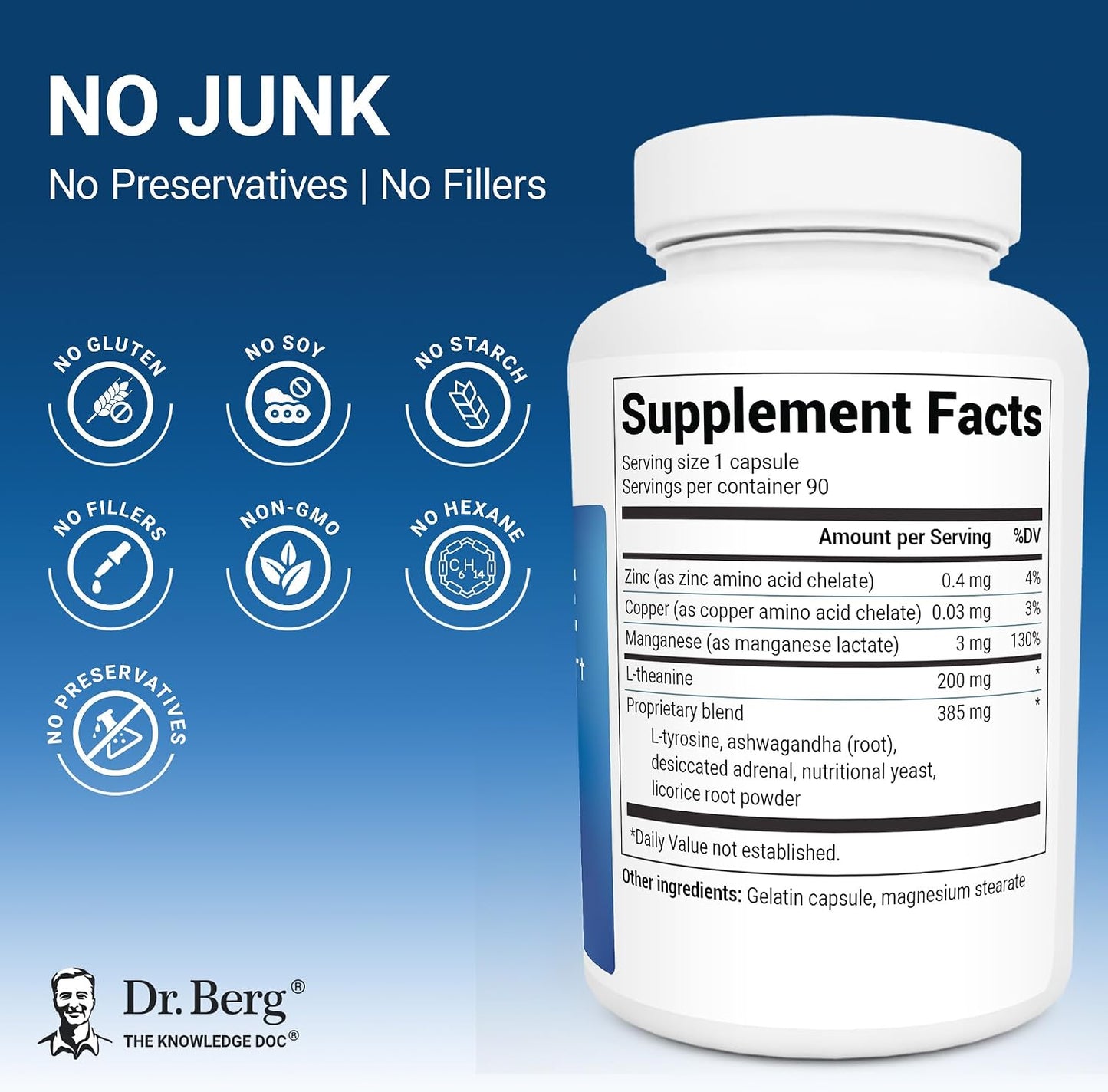 Dr. Berg 600 mg L-Theanine Adrenal Support - 90 Capsules with Ashwagandha & L-Tyrosine, Zinc & Manganese - Advanced 9-in-1 Adaptogen & Mineral Formula - No Fillers*