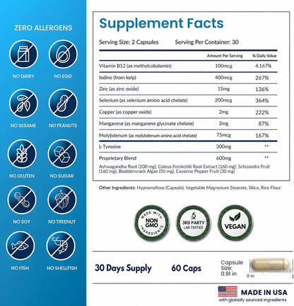 Thyroid Support for Women and Men with Iodine - Energy, Focus & Power Thyroid Supplement - All Natural Herbal Mineral and Vitamin Complex with B12, Zinc, Selenium, Ashwagandha - 60 Vegetarian Capsules