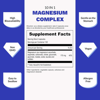 UpNourish Magnesium Supplement - 10 in 1 Magnesium Complex - Full Spectrum Magnesium Mineral Supplements with Glycinate, Citrate, Taurate, Malate, Carbonate, Oxide and More, 240 Vegan Capsules