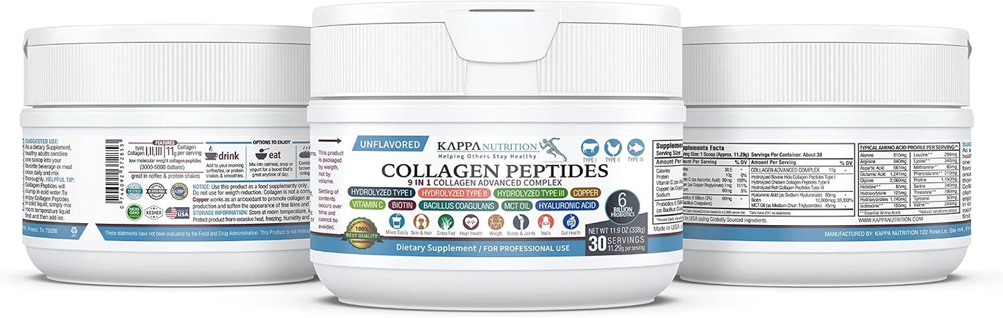 KAPPA NUTRITION Collagen Type I, II, III, 6 Billion Probiotic Acid Resistance, Hyaluronic Acid, Vitamin C, Biotin, Copper and MCT Oil, Beautiful Hair, Nails, & Skin, Collagen Peptides 9 in 1 (11.9oz)