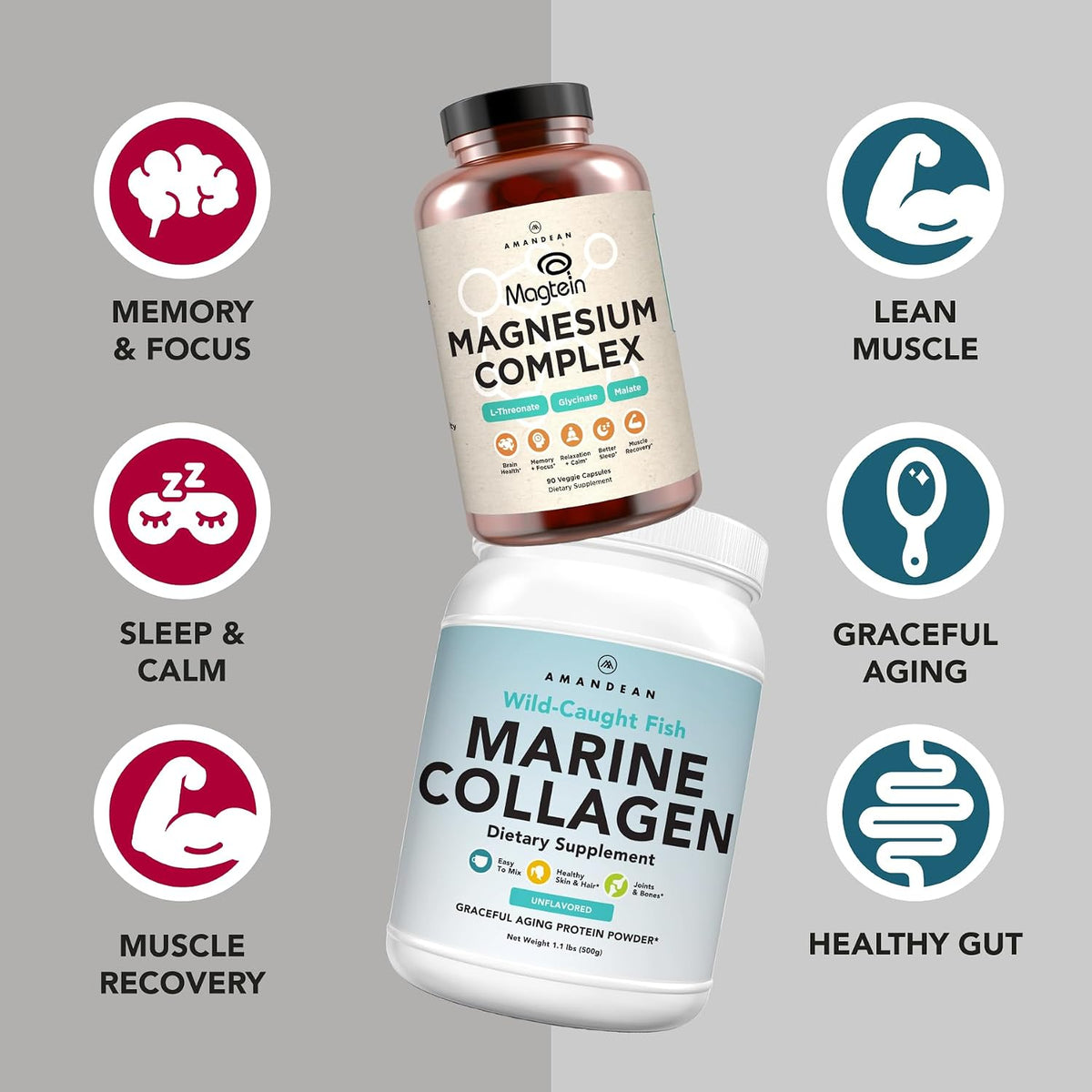 AMANDEAN Premium Magnesium Complex & Marine Collagen Bundle. High-Absorption Magnesium Threonate, Glycinate & Malate. Wild-Caught Hydrolyzed Fish Collagen Protein. Support Quality Sleep, Skin & Mood