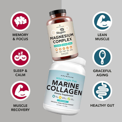 AMANDEAN Premium Magnesium Complex & Marine Collagen Bundle. High-Absorption Magnesium Threonate, Glycinate & Malate. Wild-Caught Hydrolyzed Fish Collagen Protein. Support Quality Sleep, Skin & Mood