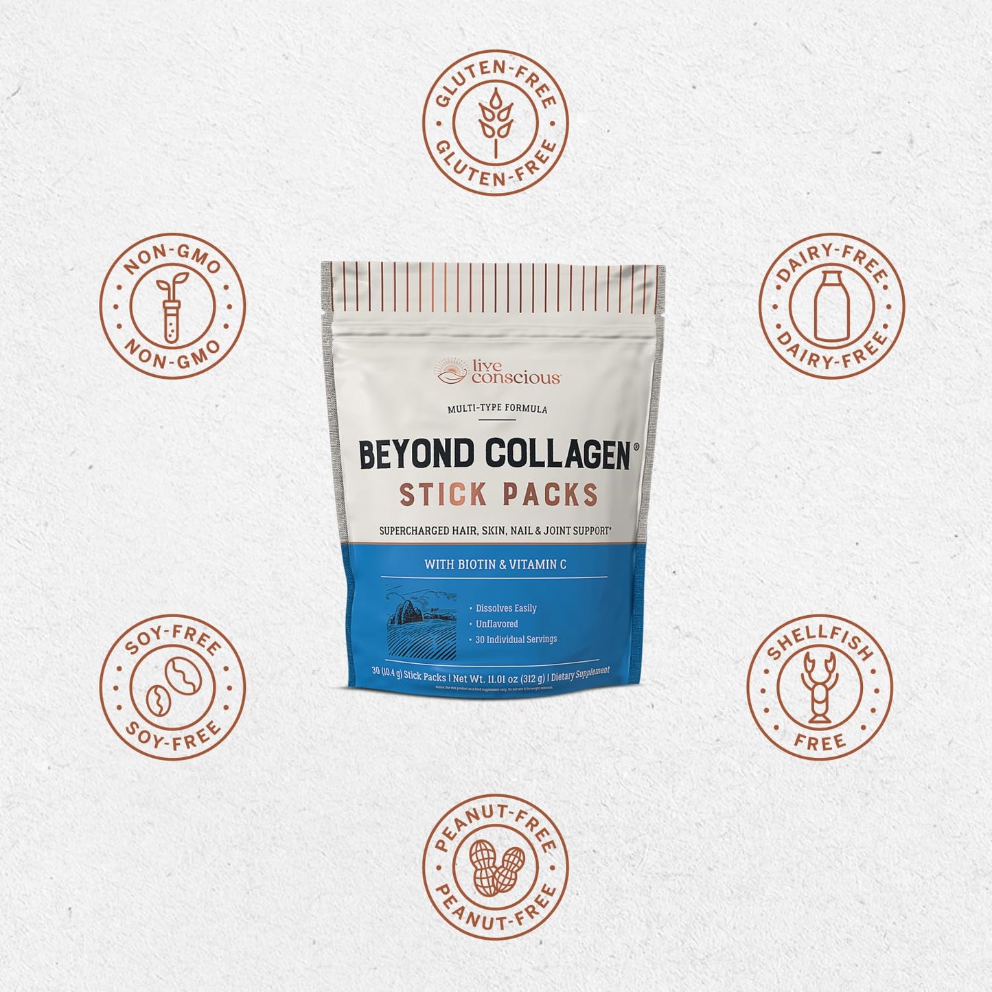 Live Conscious Collagen Peptides Powder - Naturally-Sourced Hydrolyzed Collagen Powder - Hair, Skin, Nail, and Joint Support - Type I & III Grass-Fed Collagen Supplements for Women and Men - 16oz