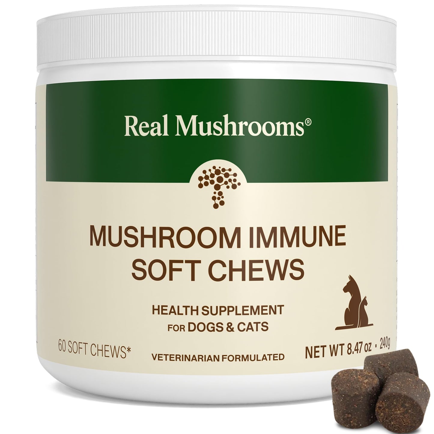 Real Mushroom Immune Pet Chews – For Daily Digestive & Immune Health – Mushrooms for Dogs & Cats Functional Treat – Mushroom Supplement for Dogs & Cats – 1 to 4 Chews For All Breeds & Sizes (60 Count)