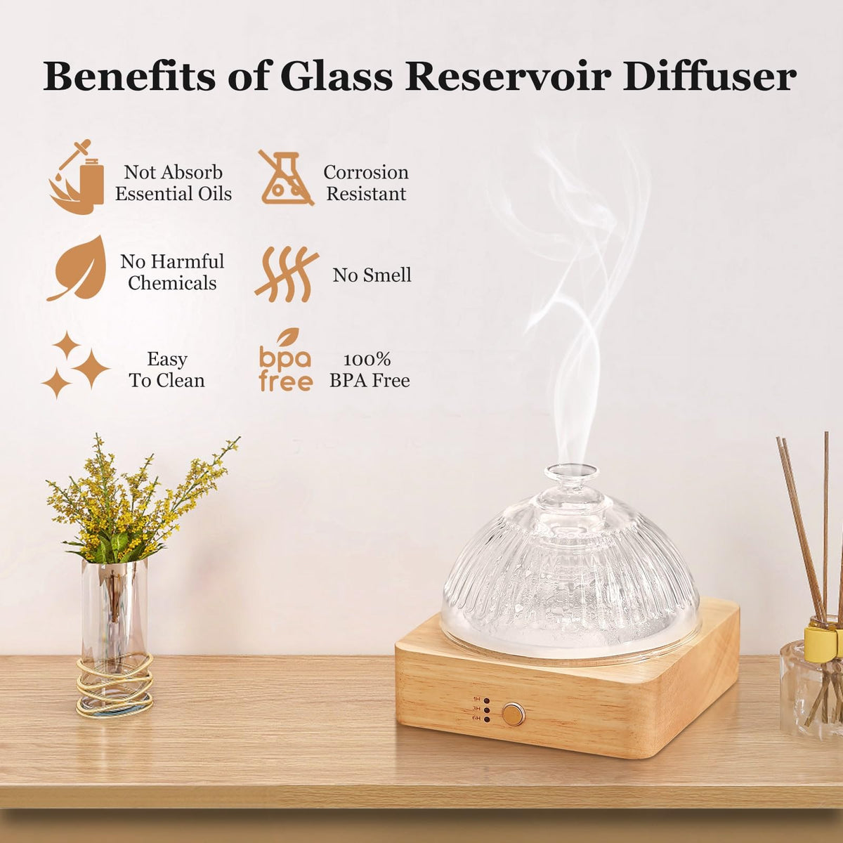 Lecdura Glass Essential Oil Diffuser with Glass Reservoir & Wood Base - Plastic Free, 200ml Lock
