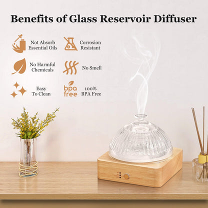 Lecdura Glass Essential Oil Diffuser with Glass Reservoir & Wood Base - Plastic Free, 200ml Lock