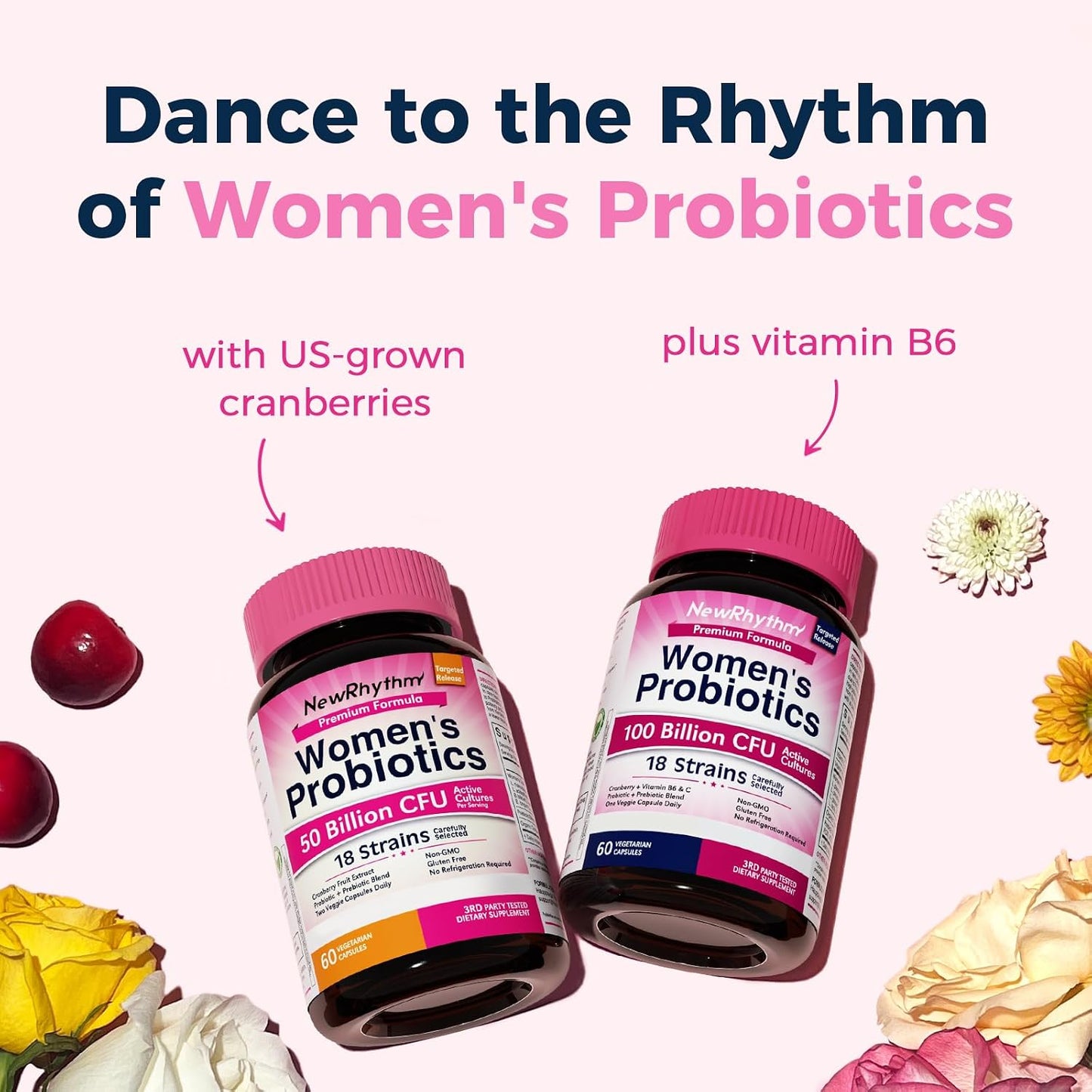 NewRhythm Women's Probiotics, Organic Cranberry, 50 Billion CFU 18 Strains, Probiotics with Prebiotics, Support Digestive Health, No Refrigeration Needed, Non-GMO, No Soy, 60 Vegan Capsules, No Dairy