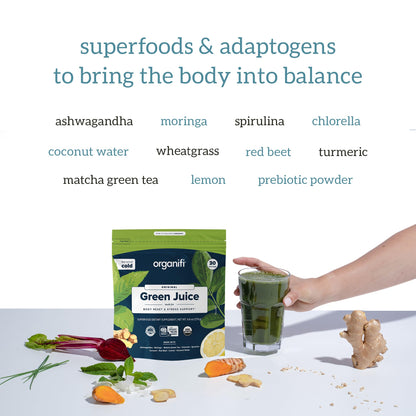 Organifi Green Juice - Powder Supplement with Organic Spirulina, Ashwagandha, and Chlorella - Helps Achieve Fitness Goals and Reduce Cortisol Levels, 30-Day Supply