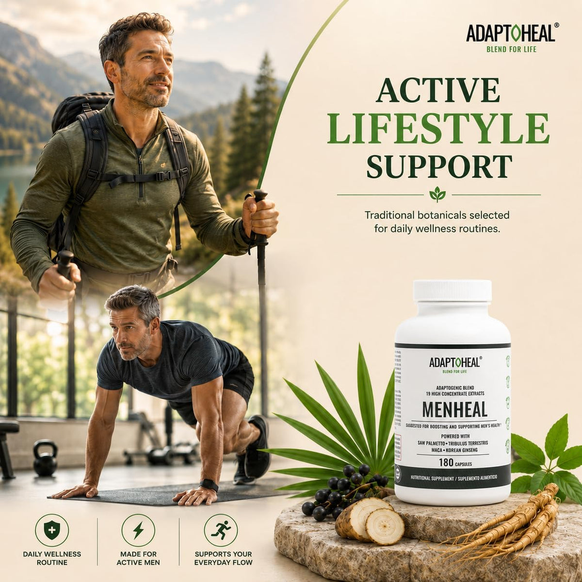 ADAPTOHEAL Menheal Prostate Support Saw Palmetto, Maca (180 Caps)