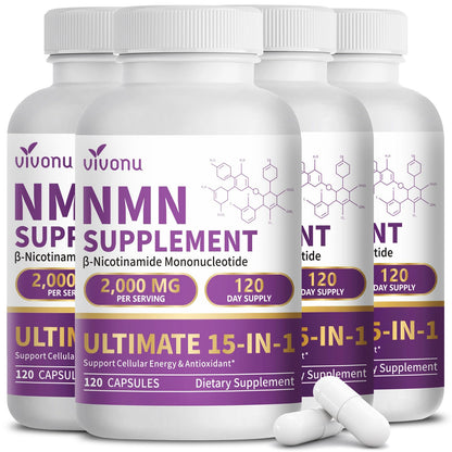 15-in-1 Liposomal NMN Supplement, 2000mg per* Serving*, 120 Day Supply, 99% Pure, NAD+ NMNH Alternative with Nicotinamide Mononucleotide, Resveratrol, TMG, CoQ10, Quercetin & Glutathione, 120 Capsules