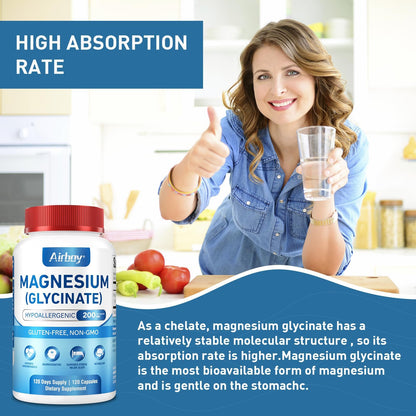 Airboy Magnesium Glycinate 200 mg, Best Magnesium Glycinate for Sleep,120 Vegan Small Capsules, High Absorption Support Relaxation, Sleep and Calm Mood,Non-GMO and No Gluten