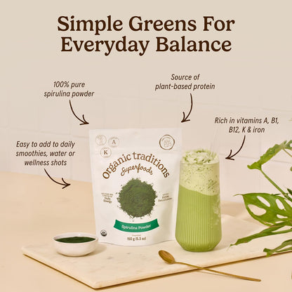 Organic Traditions Spirulina Powder Organic, Plant-Based Green Superfood for Smoothies, Rich Algae Powder for Energy Support, Easy Mixing Spirulina for Daily Wellness Routines, 150g / 5.3oz Bag