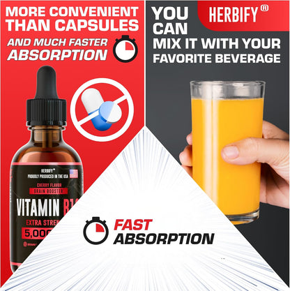 HERBIFY Vitamin B12 Methylated Multivitamin Energy Supplements for Women & Men - Liquid B12 Vitamins 5000 Mcg Methylcobalamin - Energy Support and Immune Health Liquid Vitamin - 30 Days Supply - 2 Oz