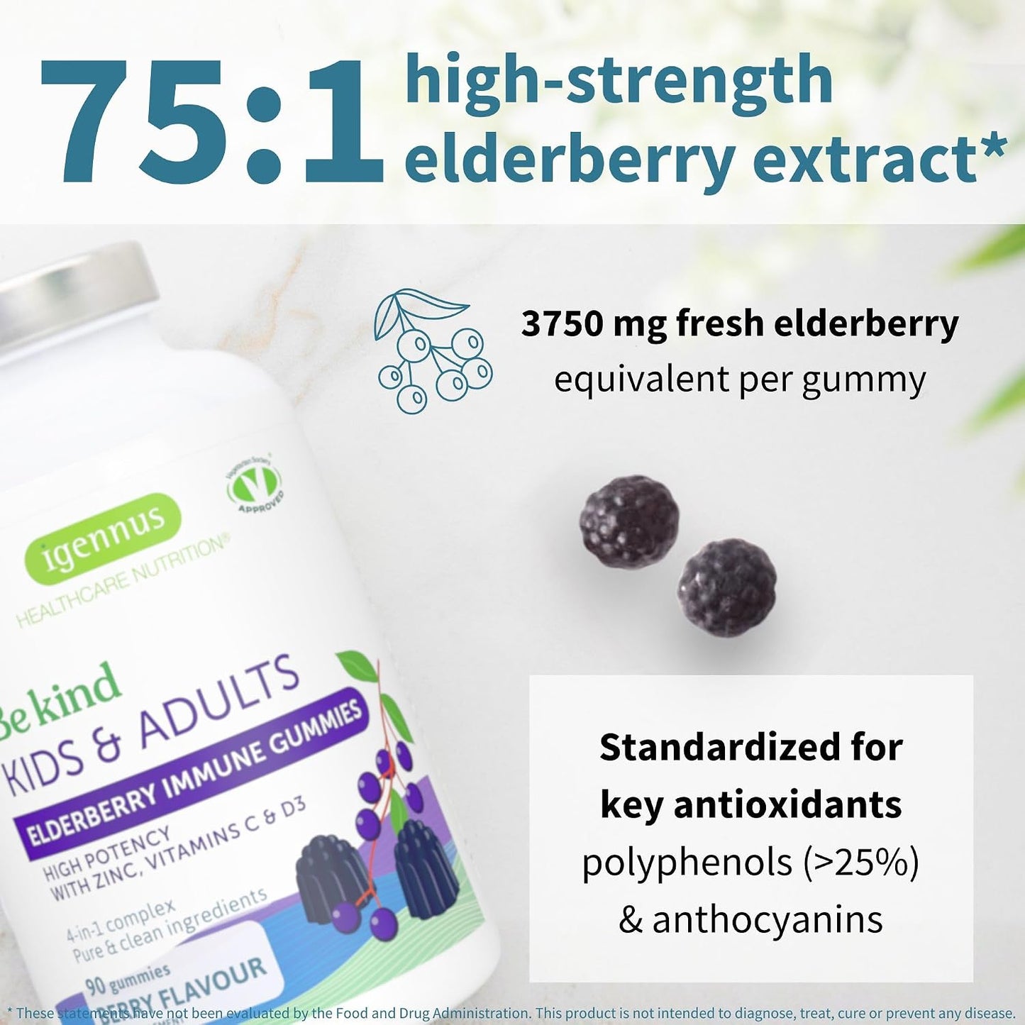 Igennus Advanced Elderberry Immune Gummies with Vitamin C, Zinc & D3, 4-in-1 Formula, 90 Gummies, 75:1 Concentration Standardized Extract, Natural Flavors, Clean Label, Vegetarian, Kids and Adults
