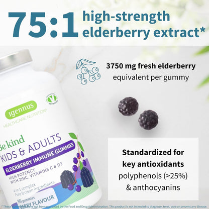 Igennus Advanced Elderberry Immune Gummies with Vitamin C, Zinc & D3, 4-in-1 Formula, 90 Gummies, 75:1 Concentration Standardized Extract, Natural Flavors, Clean Label, Vegetarian, Kids and Adults