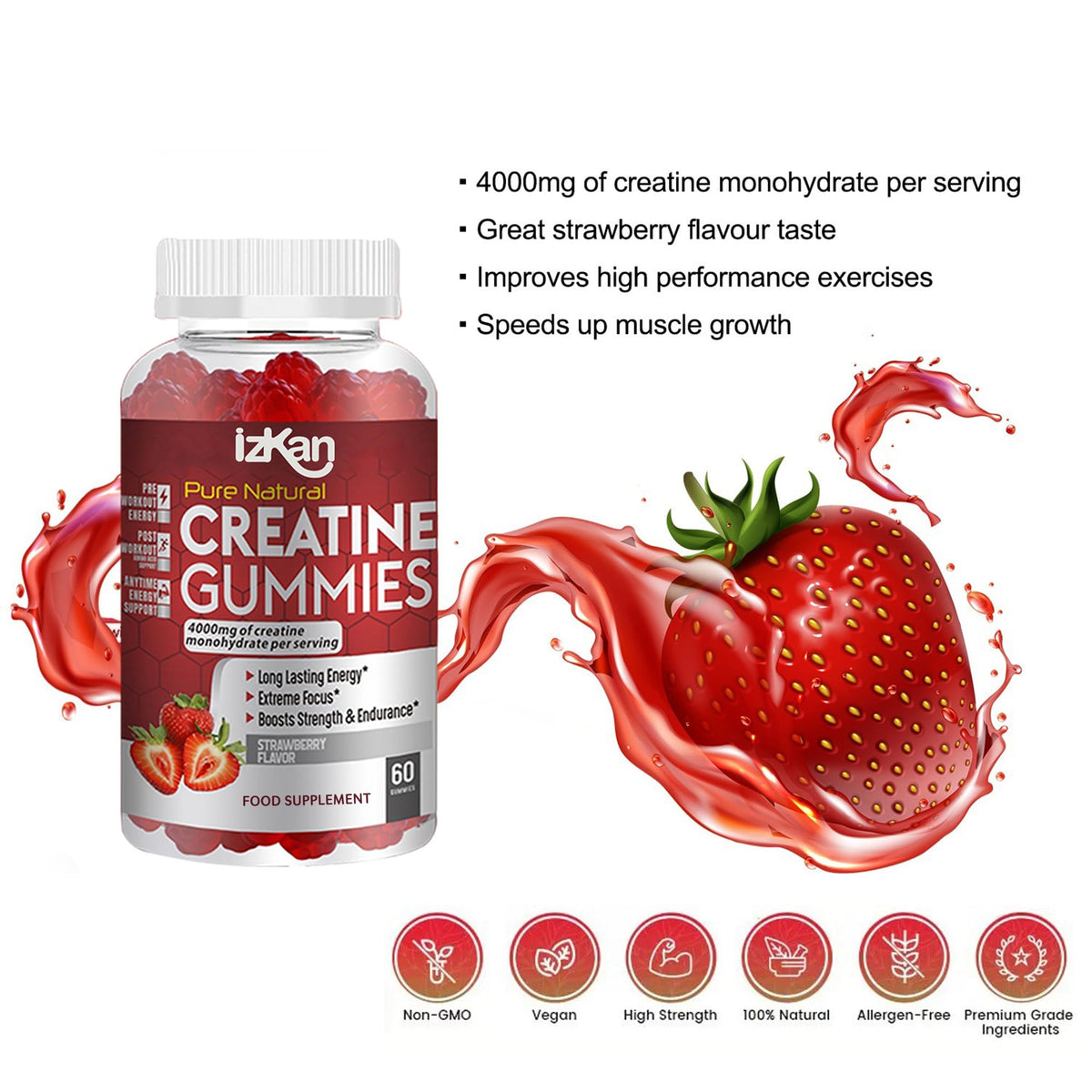 Izkan Pro Creatine Monohydrate Gummies 4000mg for Men & Women - 60 Chewable