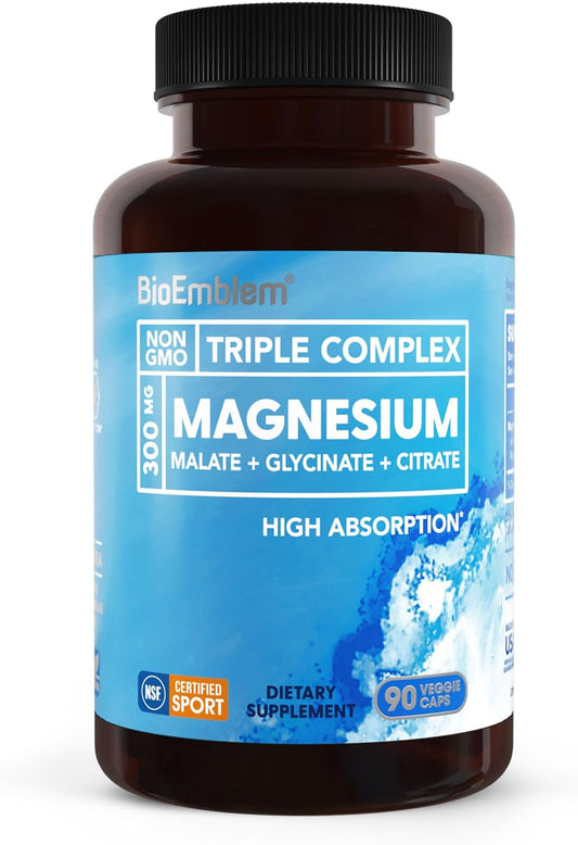 BioEmblem Triple Magnesium Complex | 300mg Magnesium Glycinate, Malate & Citrate | High Absorption Chelated Formula | Vegan, Non-GMO, Gluten-Free | 90 Capsules