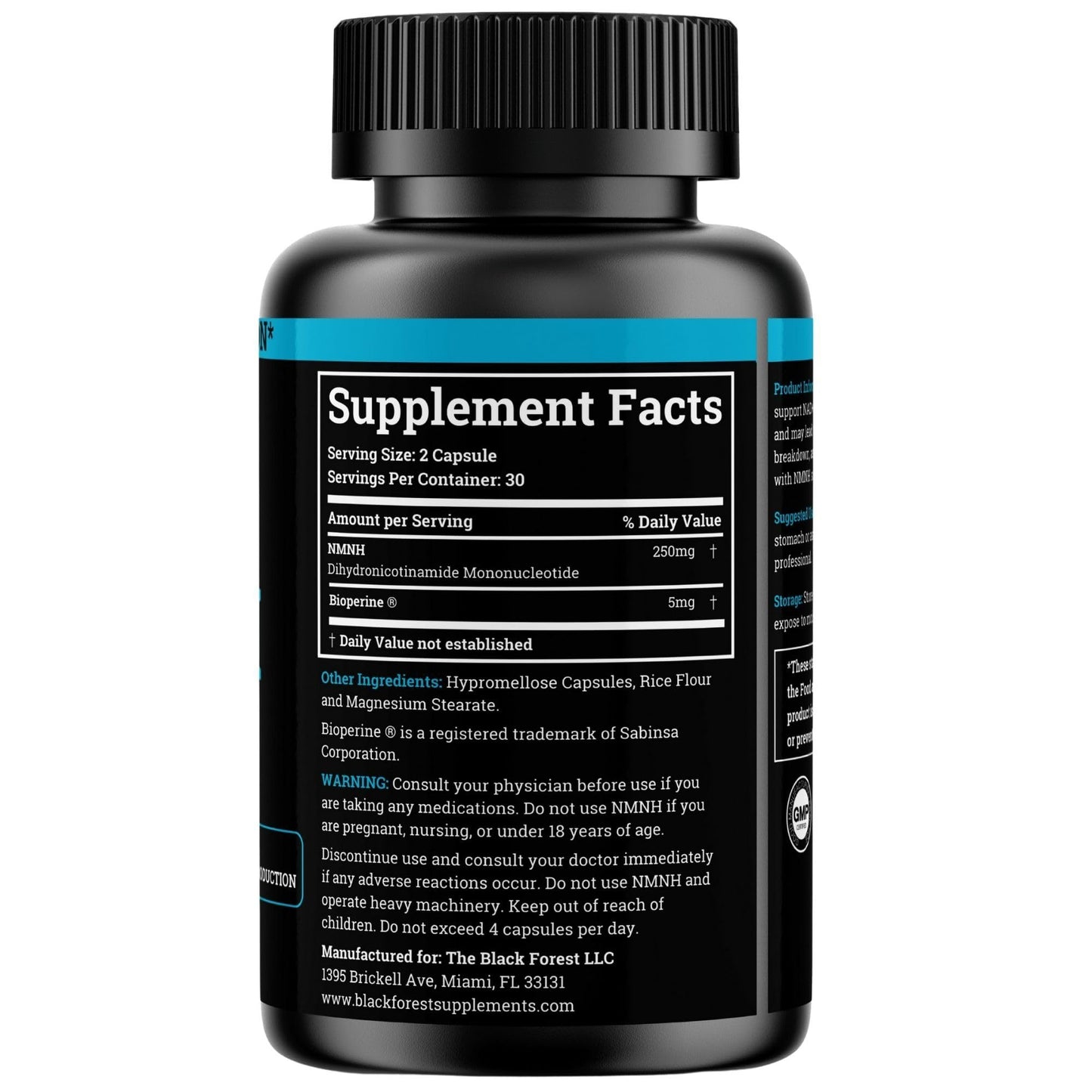 Black Forest NMN Supplements 1000mg (Nicotinamide Mononucleotide) 99% Pure, Stabilized Form, BioPerine® for Enhanced Bioavailability (60 Capsules) (NMN 1000mg per Serving) NAD Supplement for NAD
