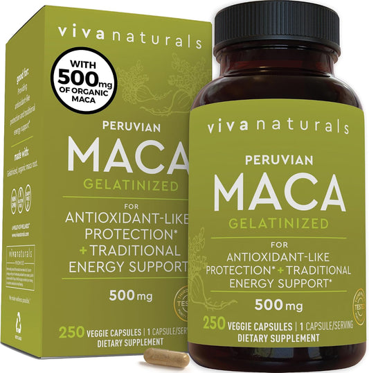 Viva Naturals Peruvian Maca Root Supplement for Women & Men, 500mg - Traditionally Used for Energy, Stamina & Endurance - 250 Yellow Maca Root Powder Capsules, Gelatinized for Easier Digestion
