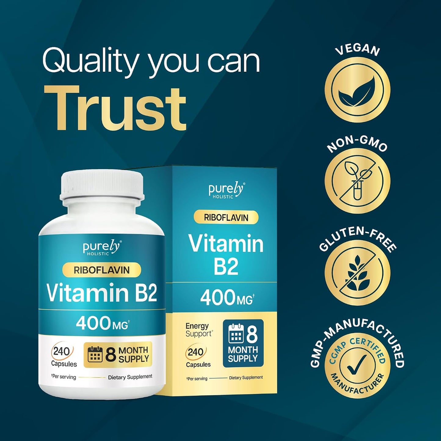 Vitamin B2 Riboflavin 400mg, 8 Month Supply Energy & Nervous System Support | One-a-Day Formula, B2 Vitamins for Energy Production Nutrient Conversion and Cellular Health Support, Vegan, 240 Capsules