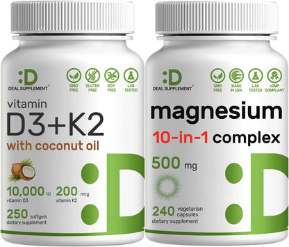 DEAL SUPPLEMENT Vitamin D3 10,000iu + K2 200mcg Softgels & Magnesium Complex Veggie Capsules Bundle – Essential Sunshine Vitamins with Coconut Oil – High Absorption Chelated Minerals, 10-in-1