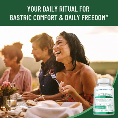 Approved Science Pyloriprin - Advanced Digestive Support for A Healthy Stomach - Zinc L-Carnosine, Probiotic, Broccoli Sprout, Deglycyrrhized Licorice - 60 Capsules - One Month Supply - Vegan