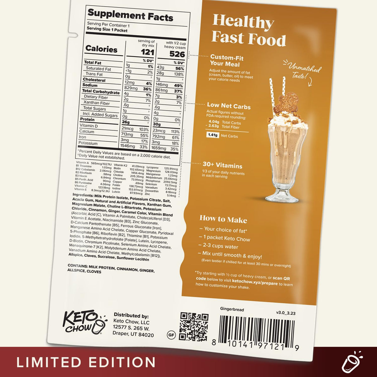 Keto Chow Chocolate Peanut Butter Meal Replacement Shake Powder, 3 Meals